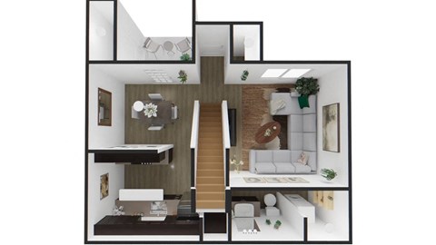 A 3D rendered image of a modern apartment layout.